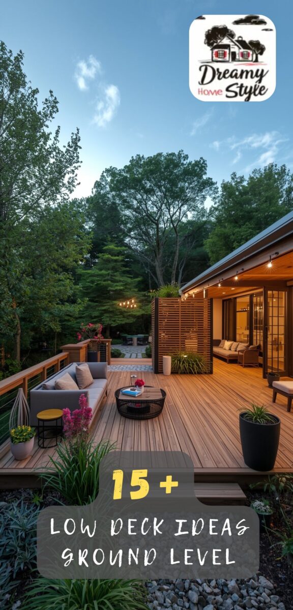 Beautiful ground-level wooden deck with outdoor sectional sofa, coffee table, string lights, and lush green trees at dusk