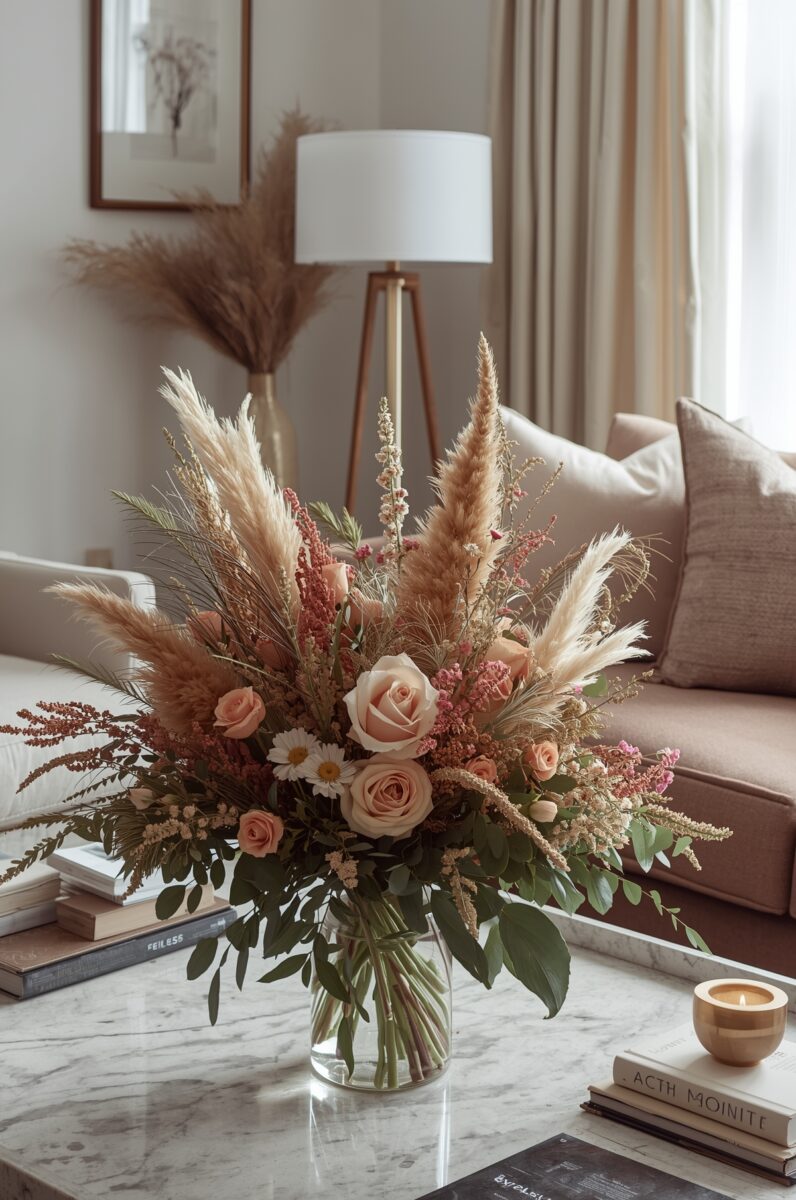 Boho floral arrangement with peach roses, pampas grass, and wildflowers in glass vase on marble coffee table