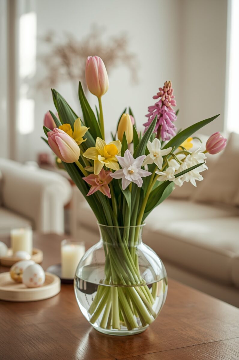 Spring flower bouquet with pink tulips, yellow daffodils, and purple hyacinth in a round glass vase on a wooden table
