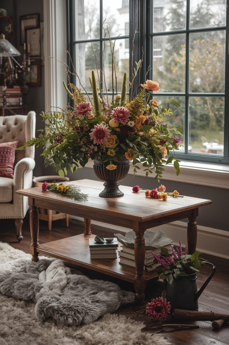 Large floral arrangement in dark urn vase on rustic wood coffee table near window with scattered blooms