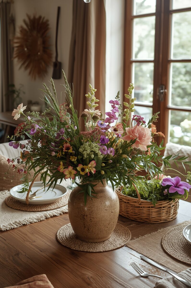 Rustic ceramic vase with wild mixed flower arrangement on wooden dining table with wicker basket and rattan placemats