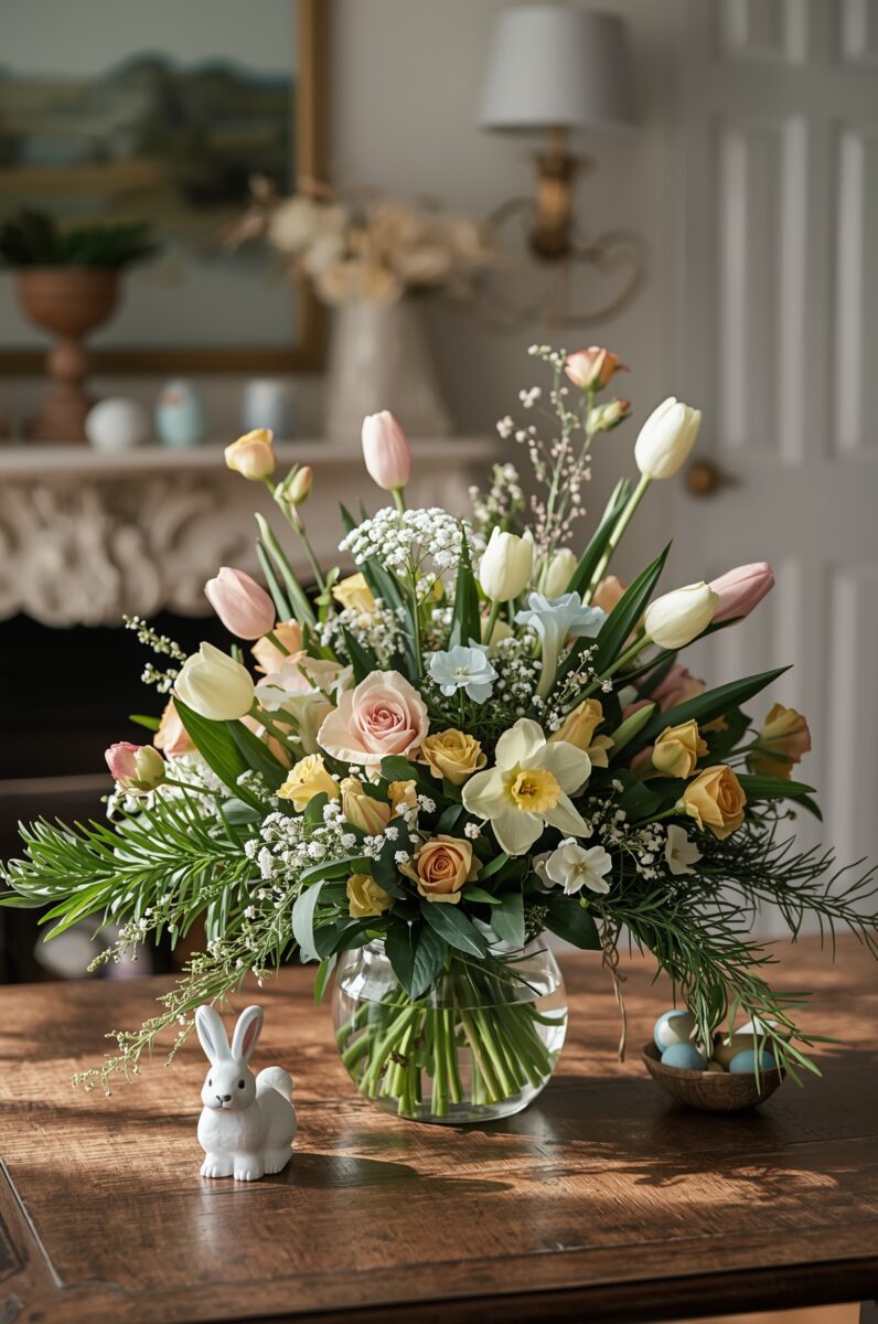 Pastel spring floral arrangement with tulips, roses, and daffodils in glass vase beside ceramic Easter bunny on wood table