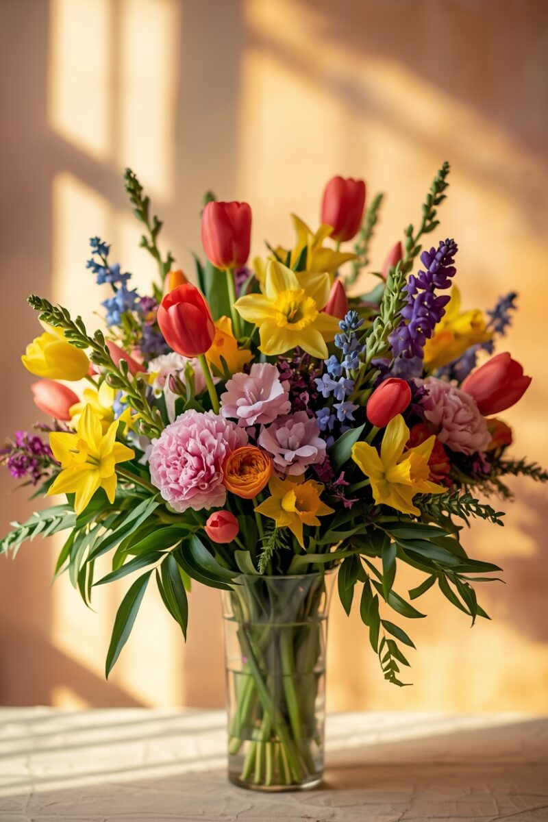 Colorful spring flower bouquet with red tulips, yellow daffodils, purple hyacinths, and pink carnations in a glass vase