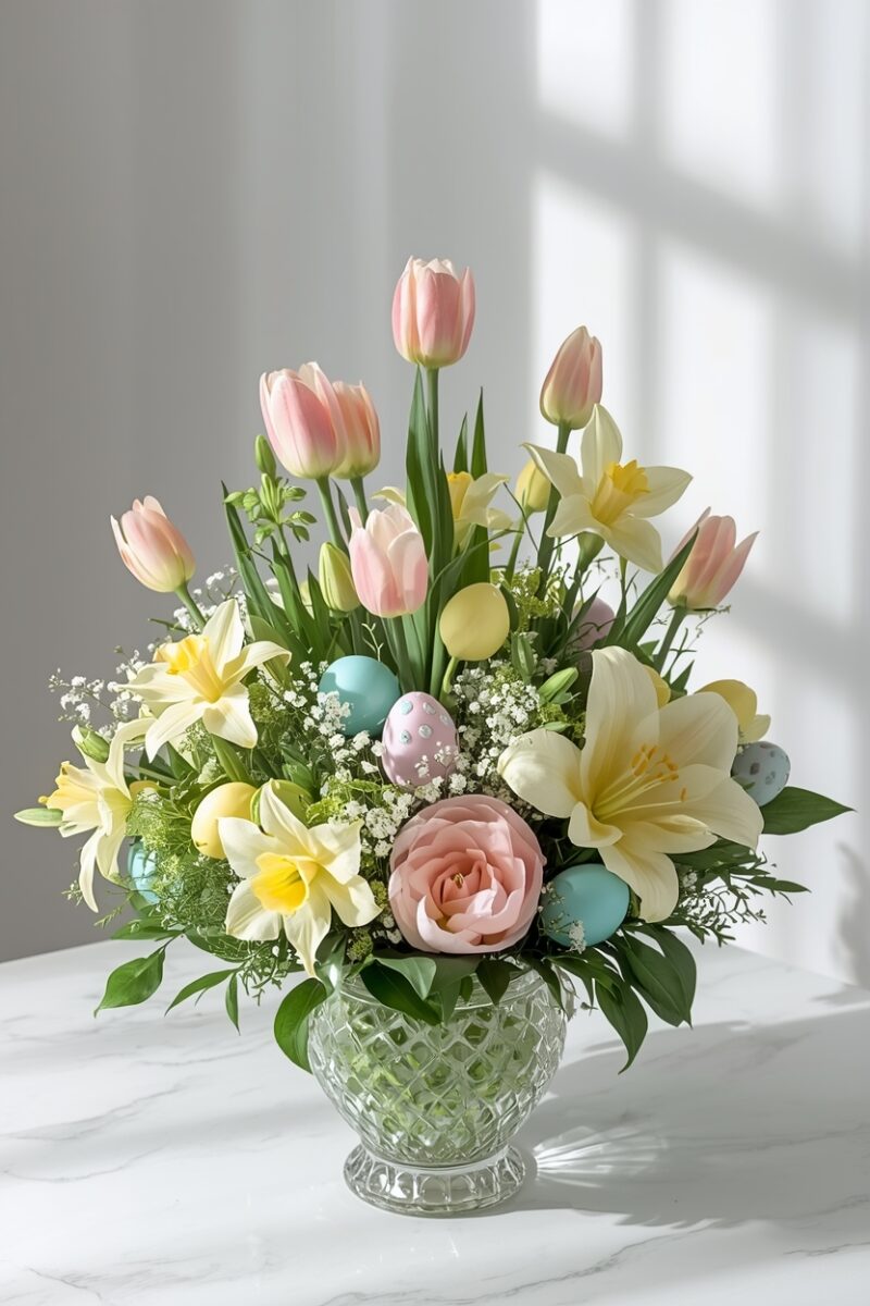 Easter floral arrangement with pink tulips, white lilies, daffodils, and pastel eggs in a crystal vase