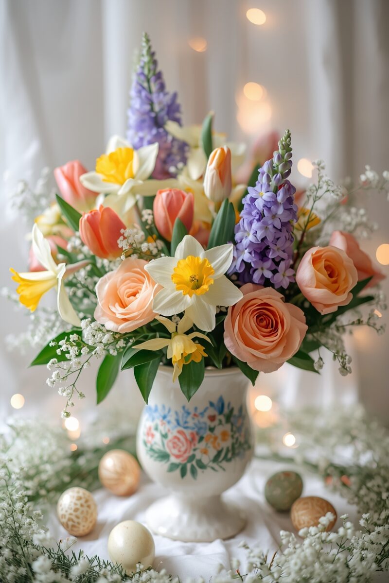 Spring floral arrangement with peach roses, tulips, daffodils, and purple hyacinths in a white ceramic vase with Easter eggs