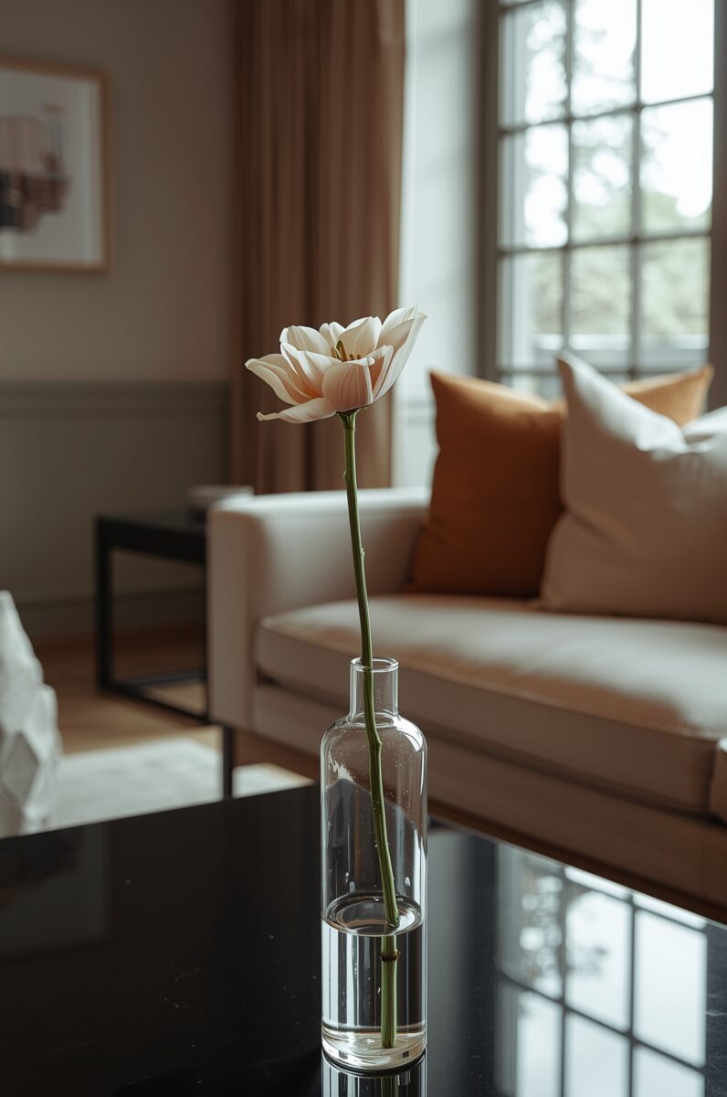 Single white tulip in a clear glass vase on a dark coffee table in a modern neutral living room