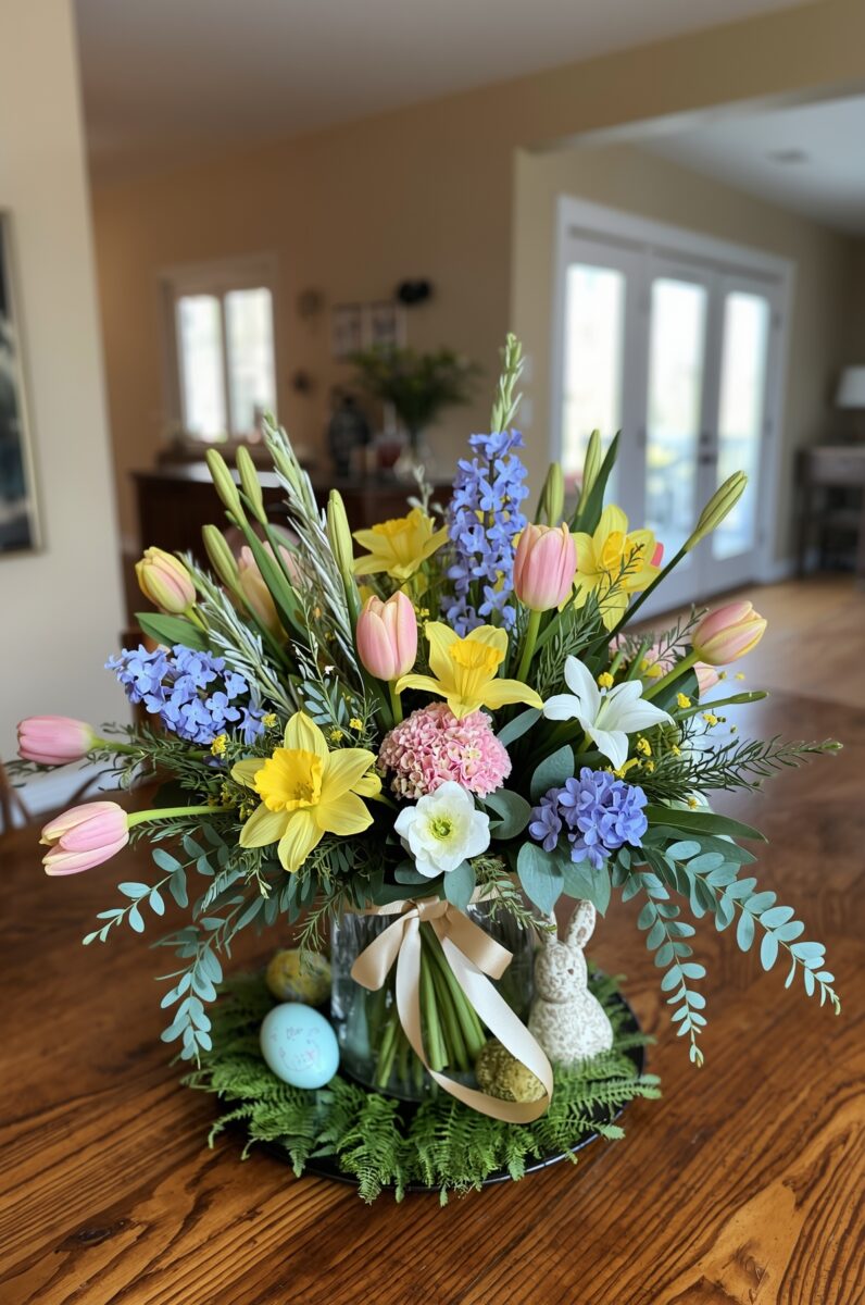 Easter floral centerpiece with pink tulips, yellow daffodils, blue hyacinths, and white lilies in a glass vase with bunny figurine and colorful eggs