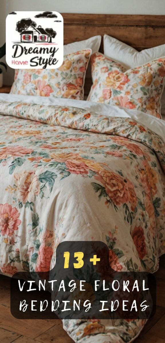 Vintage floral comforter with pink, coral, and yellow flowers on cream background with rustic wooden headboard