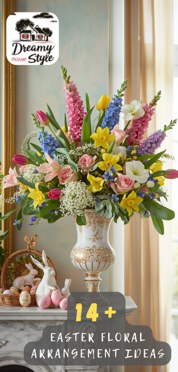 Elegant Easter floral arrangement with tulips, daffodils, hyacinths, and roses in ornate white and gold vase with Easter bunnies and eggs