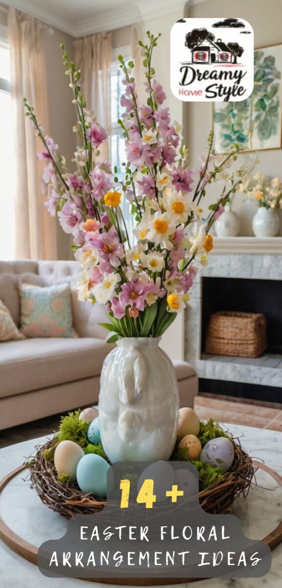 Easter floral arrangement in white ceramic bunny vase with pink daffodils surrounded by pastel eggs in twig wreath