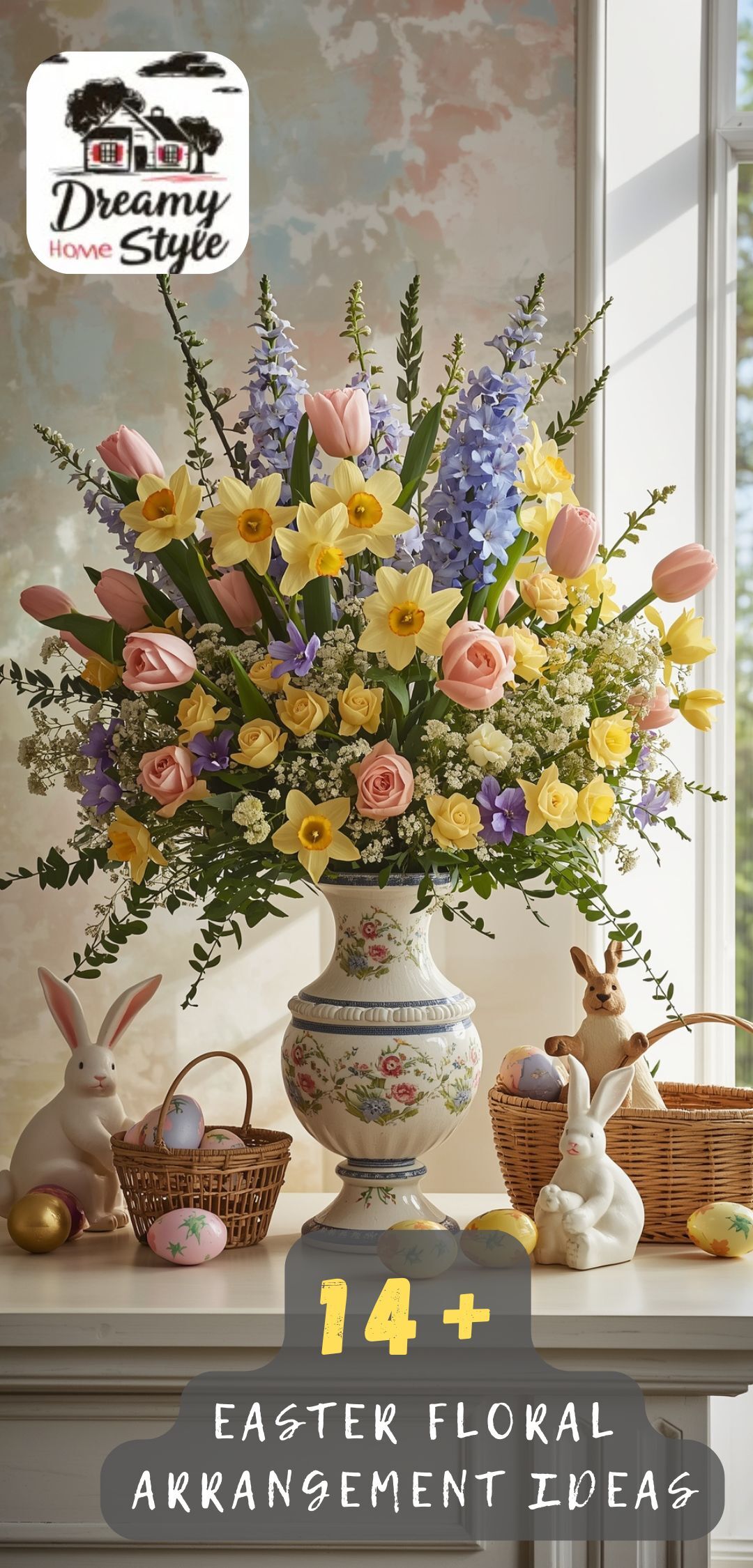 Easter floral arrangement with pink tulips, yellow daffodils, blue hyacinths in decorative vase with bunny figurines and Easter eggs