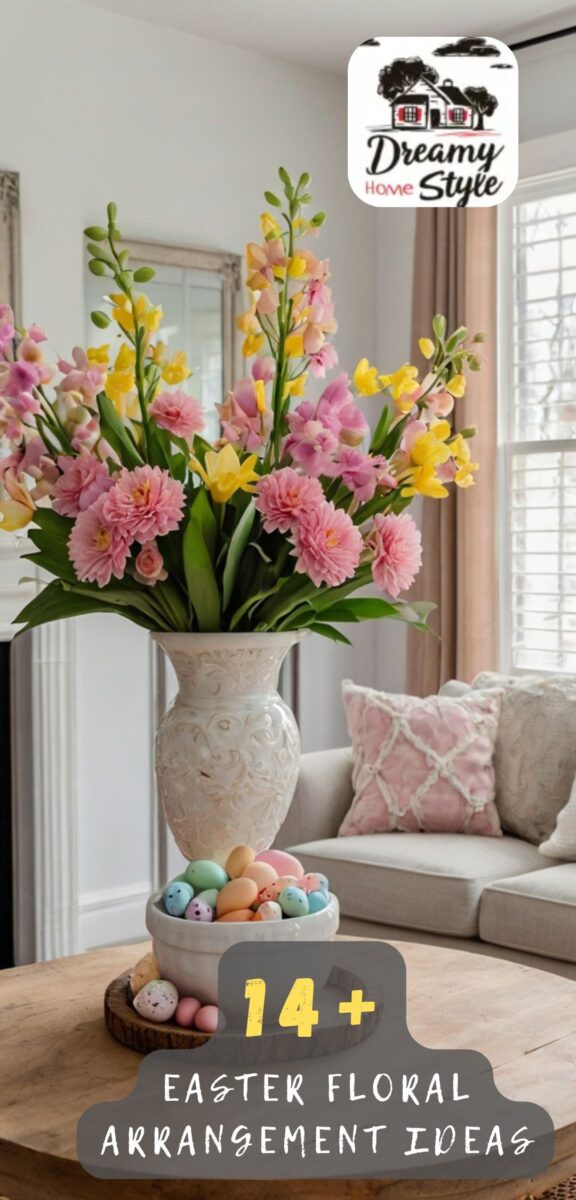 Easter floral arrangement with pink carnations and yellow snapdragons in white ceramic vase with pastel Easter eggs