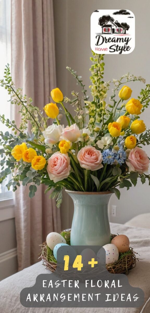 Easter floral arrangement with yellow tulips, pink roses, blue hyacinths in mint vase surrounded by speckled Easter eggs in nest
