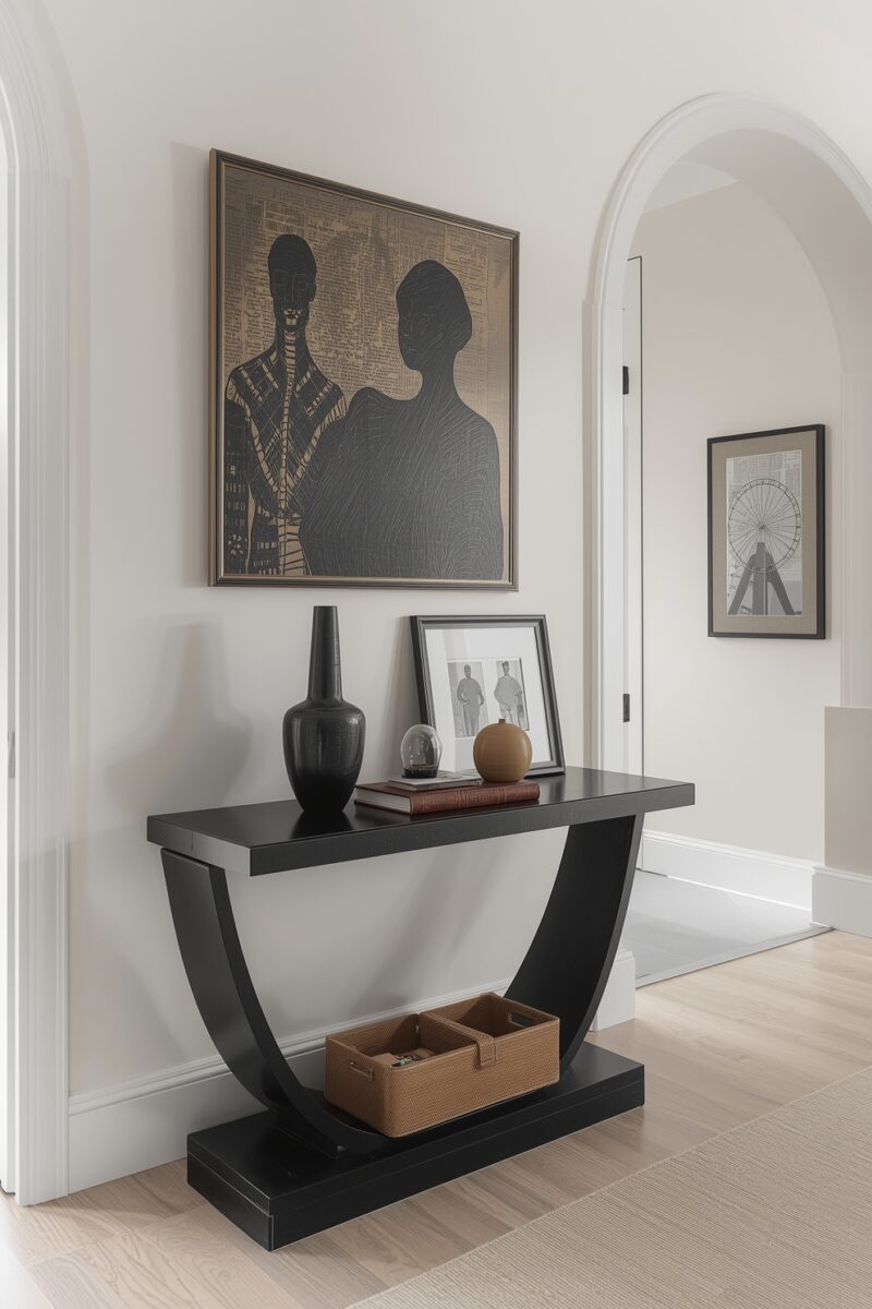 Black console table with curved legs, dark vase, framed photos, and woven basket in a white hallway with arched doorway