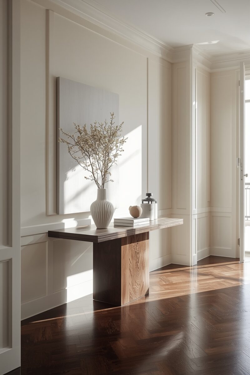 Elegant entryway with dark wood console table, white ribbed vase with dried branches, herringbone hardwood floors, and white paneled walls