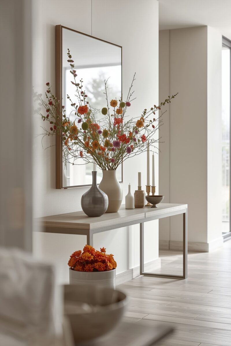 Modern console table with large floral arrangement in cream vase, decorative objects, candles, and wall mirror in minimalist white interior