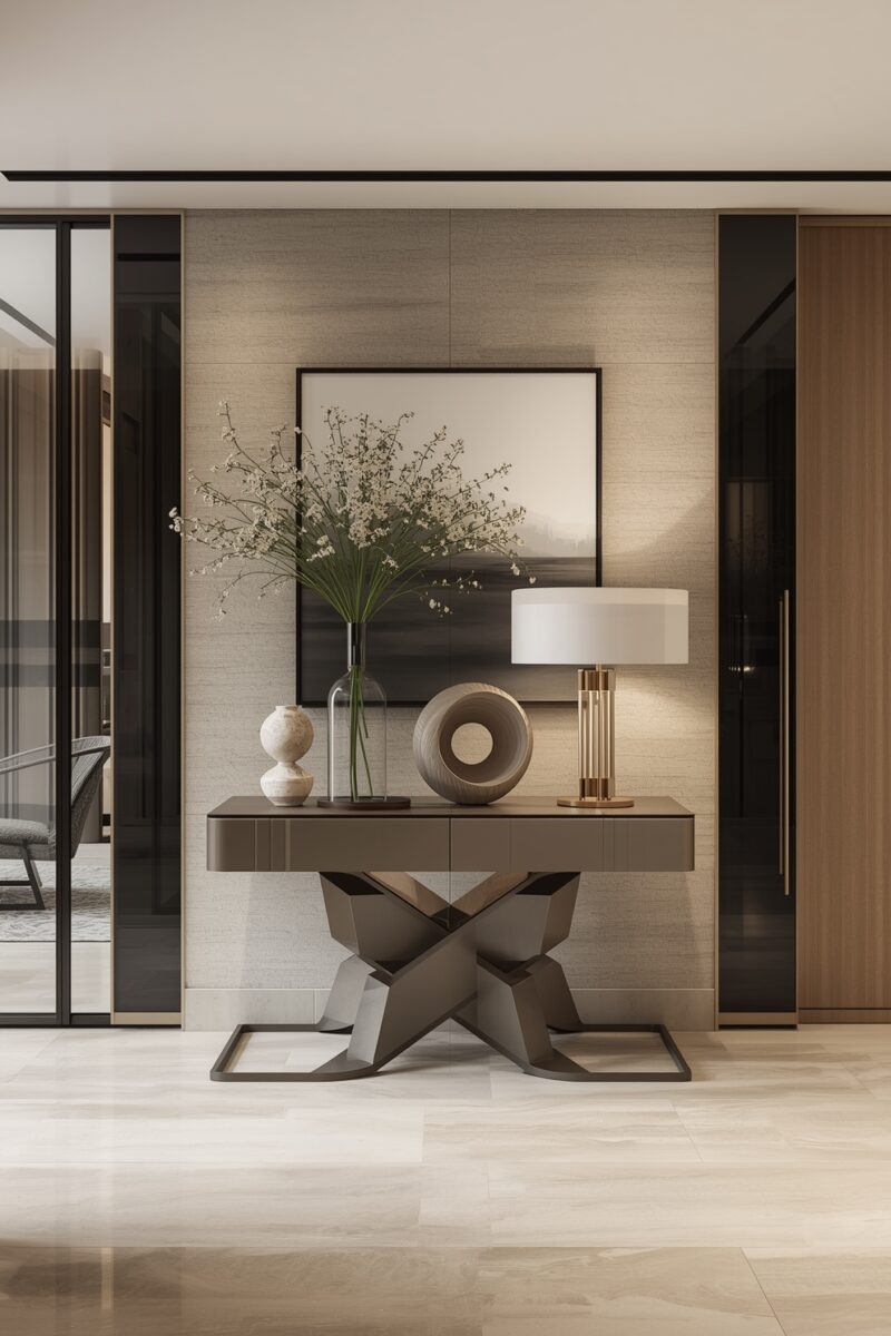 Modern luxury entryway console table with gold lamp, ceramic sculptures, and white floral arrangement against textured wall