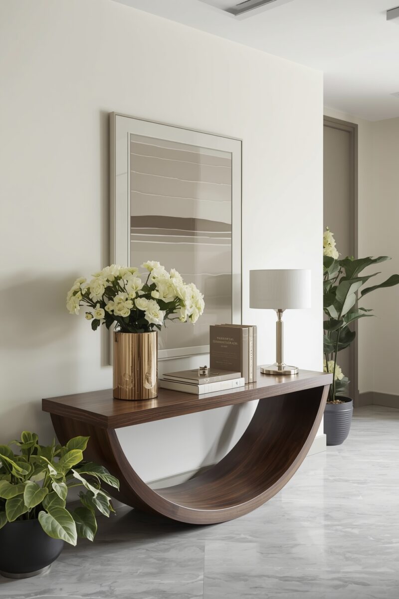 Modern entryway with curved walnut console table, white roses in gold vase, table lamp, and abstract wall art