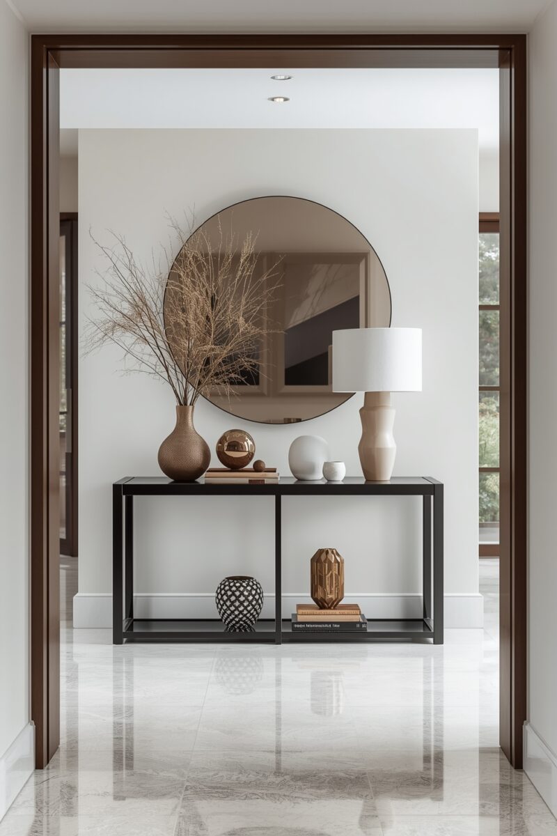 Modern entryway console table with round bronze mirror, dried branch vase, white lamp, and decorative objects on marble floor
