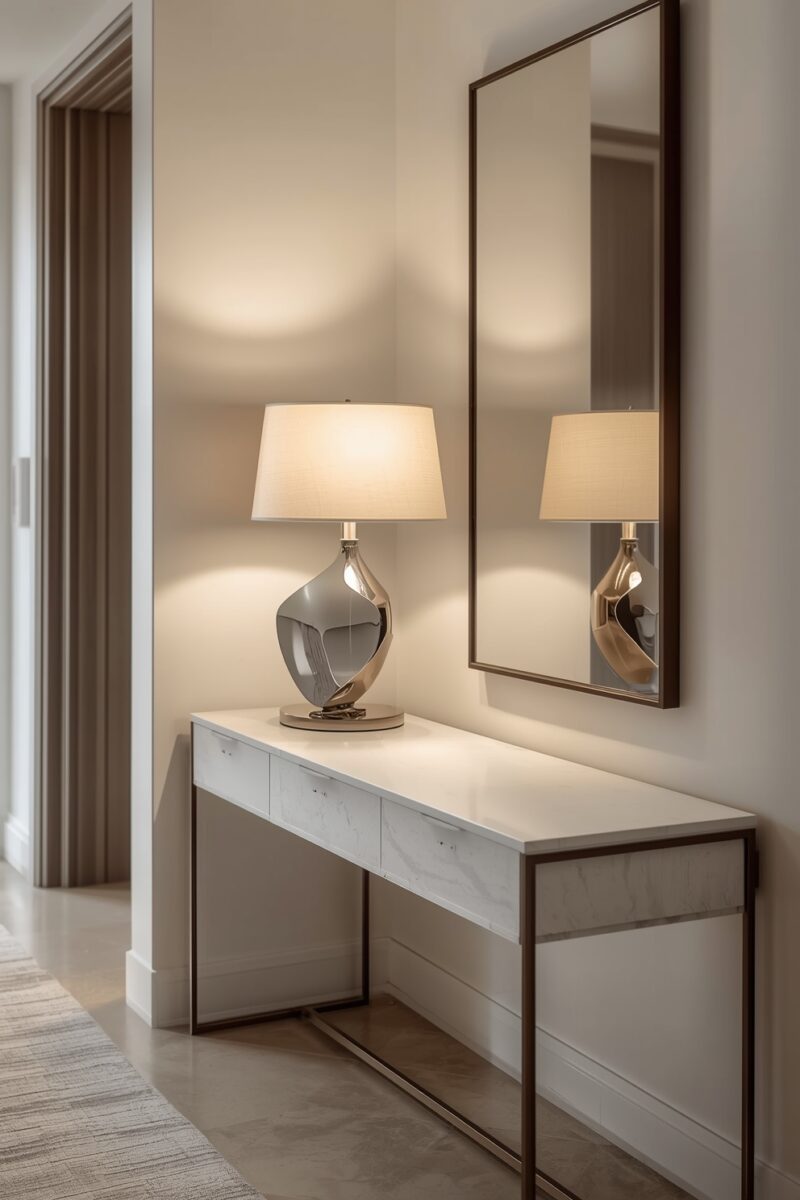 Modern marble console table with sculptural silver lamp and tall rectangular mirror in neutral hallway