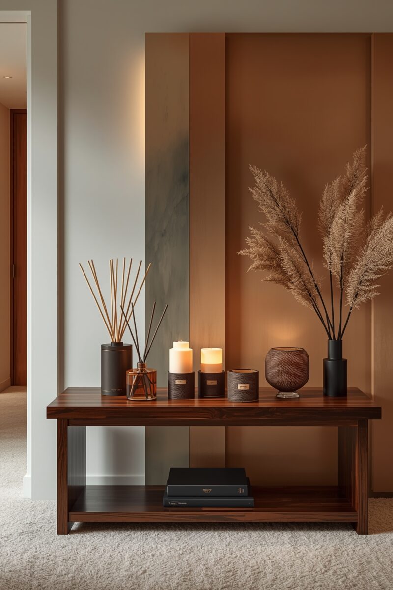 Wooden console table styled with reed diffusers, pillar candles, dark vases, and pampas grass against a warm terracotta accent wall