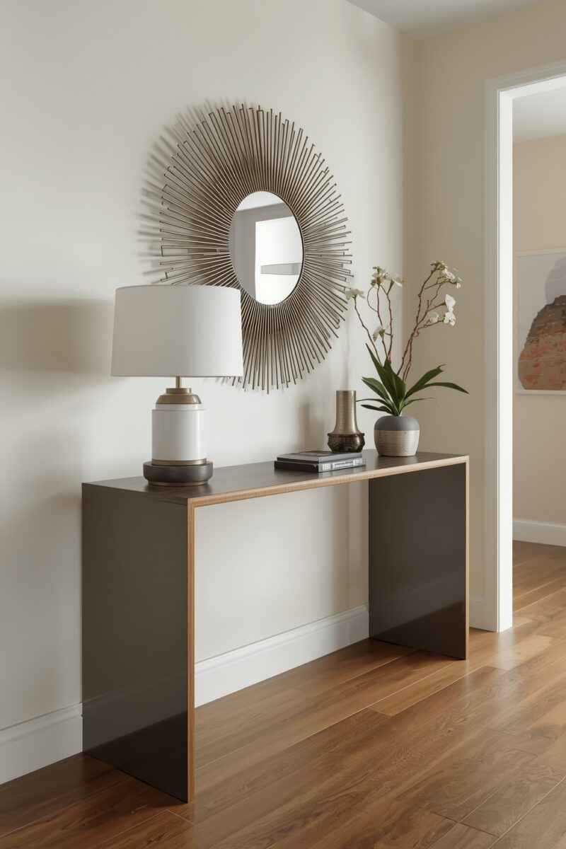 Modern entryway console table with sunburst mirror, white table lamp, orchid plant, and decorative vases on hardwood floor