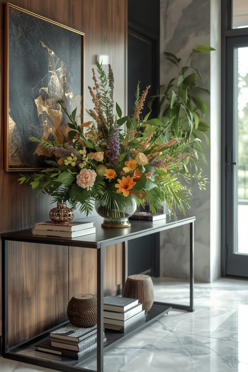 Elegant console table with large mixed floral arrangement in glass vase, stacked books, and abstract gold artwork on wood-paneled wall