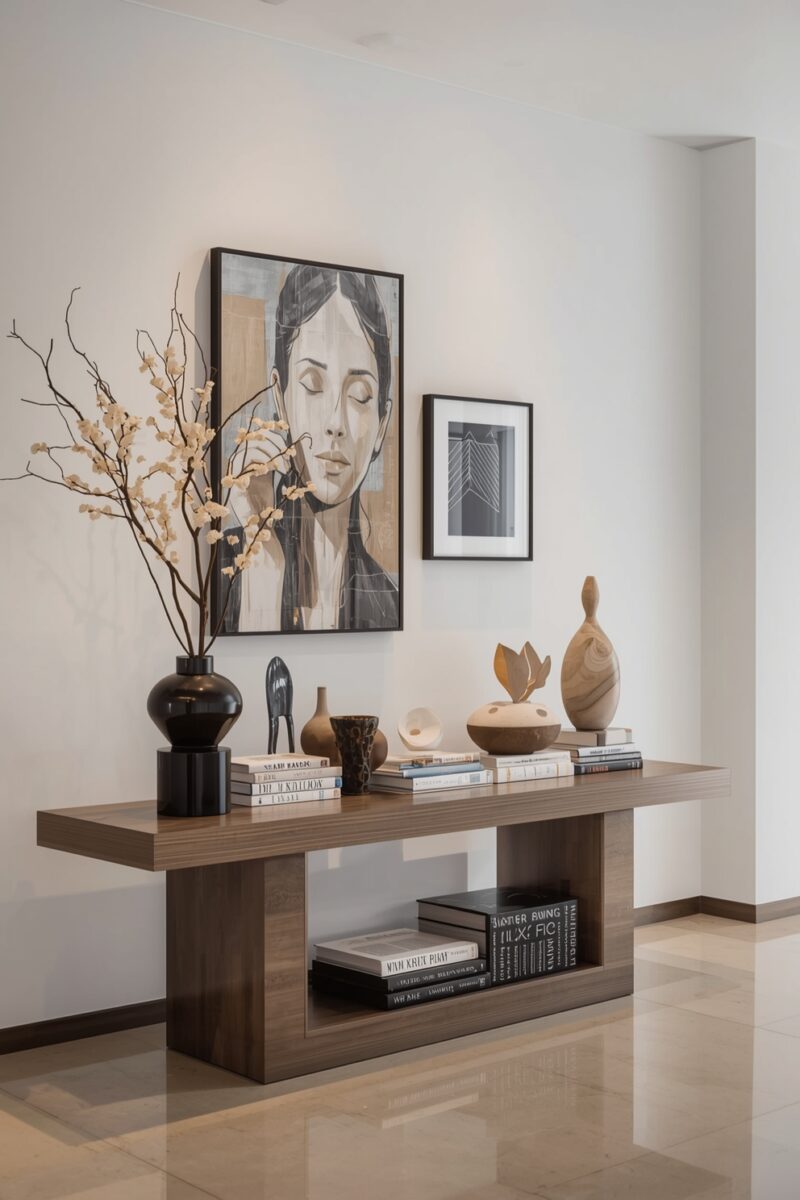 Modern wooden console table with decorative sculptures, books, black vase with branches, and portrait artwork on white wall