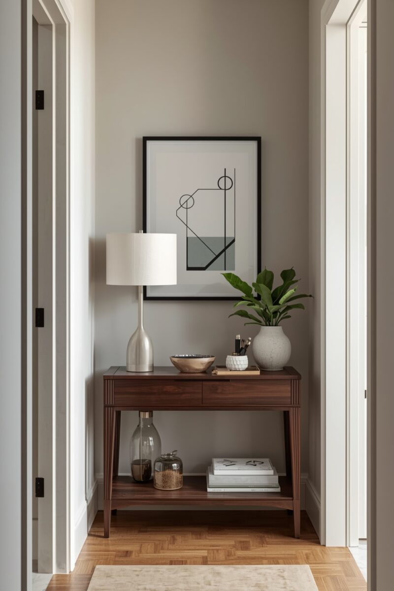 Modern hallway console table with walnut wood, silver lamp, plant, and geometric abstract wall art