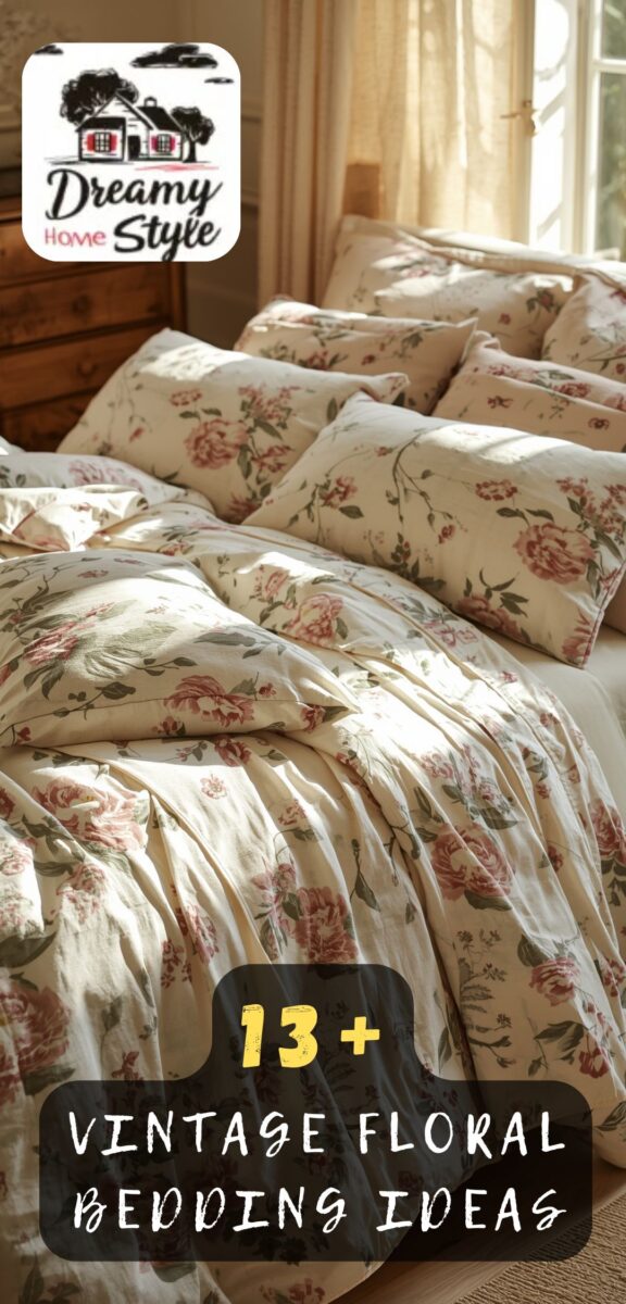 Vintage floral bedding set with pink roses on cream background, styled with multiple pillows in sunlit bedroom