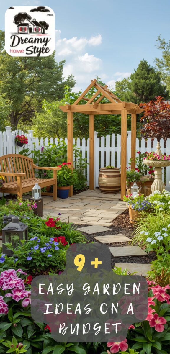 Budget-friendly backyard garden with wooden arbor, colorful flowers, stone patio, bench, and white picket fence