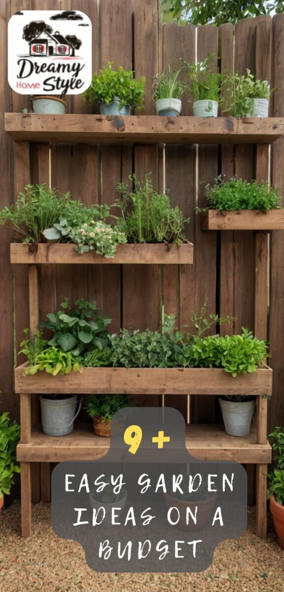 DIY wooden pallet vertical garden with 4 tiered shelves holding herb plants and potted greenery against a wood fence