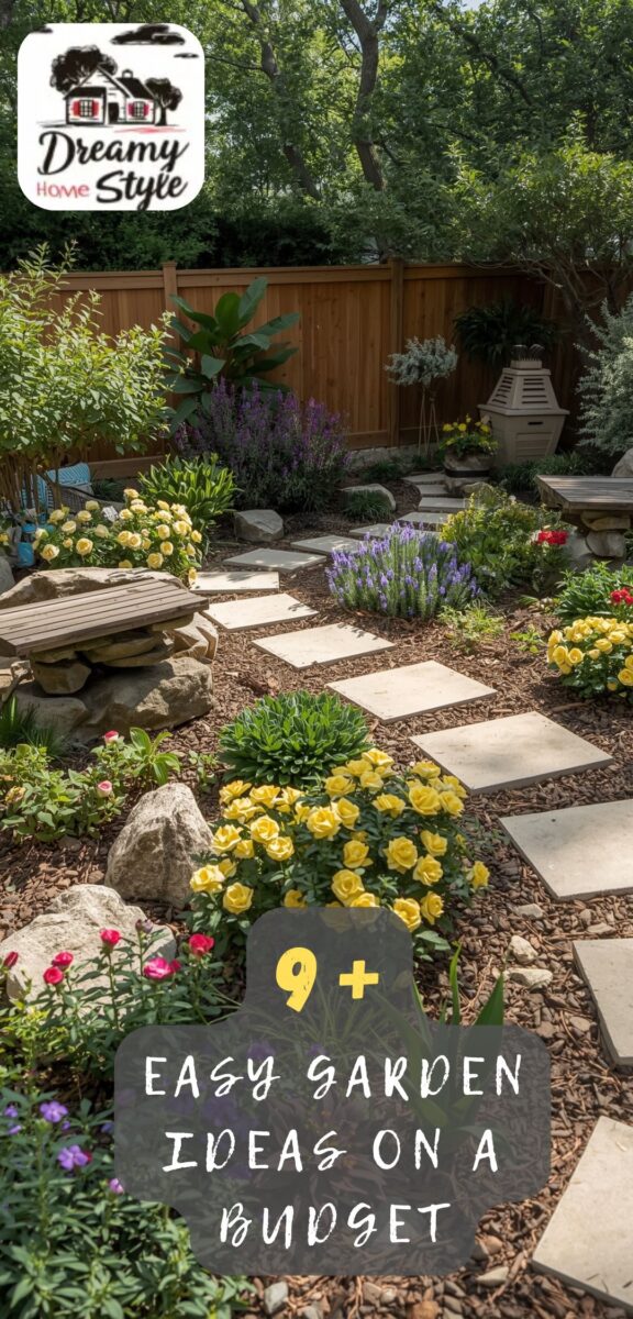 Budget-friendly backyard garden with stepping stone path, yellow roses, purple lavender, and natural rock borders