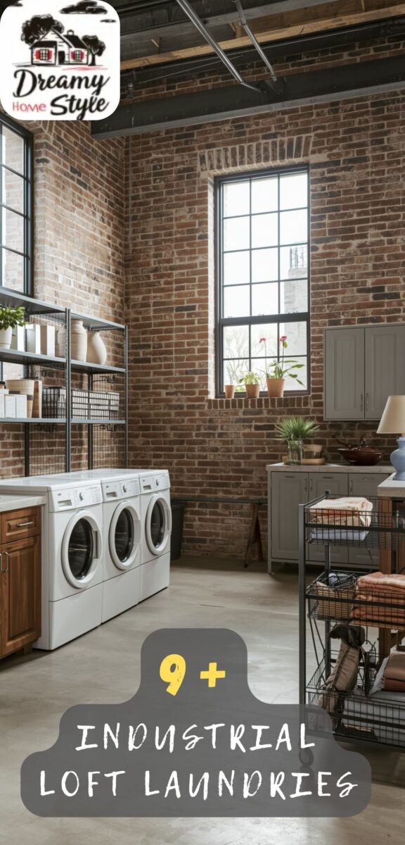 Industrial loft laundry room with exposed brick walls, white front-load washers, metal shelving, and large black-framed windows
