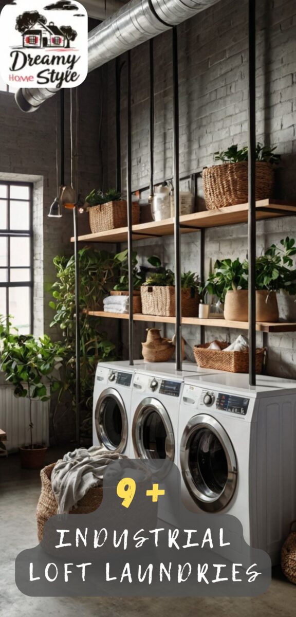 Industrial loft laundry room with front-load washers, open wood shelves, wicker baskets, and lush green plants on exposed brick wall