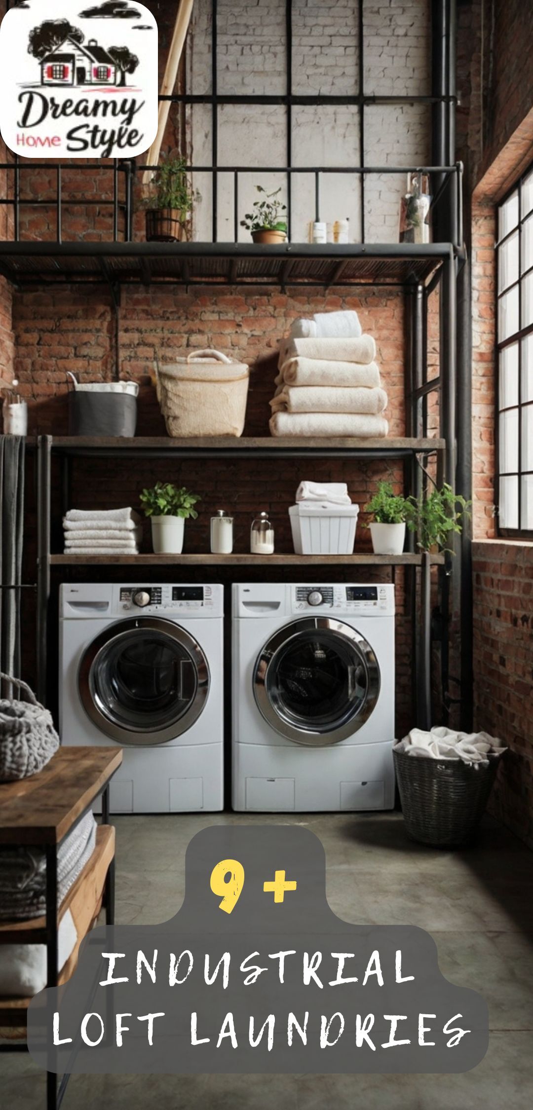 Industrial loft laundry room with two white front-load washers, metal shelving, exposed brick walls, and potted plants