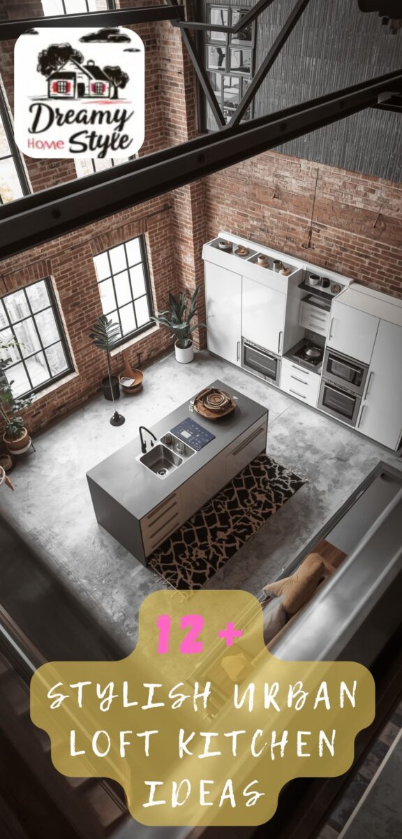 Aerial view of urban loft kitchen with exposed brick walls, concrete floors, kitchen island with sink, and white cabinetry