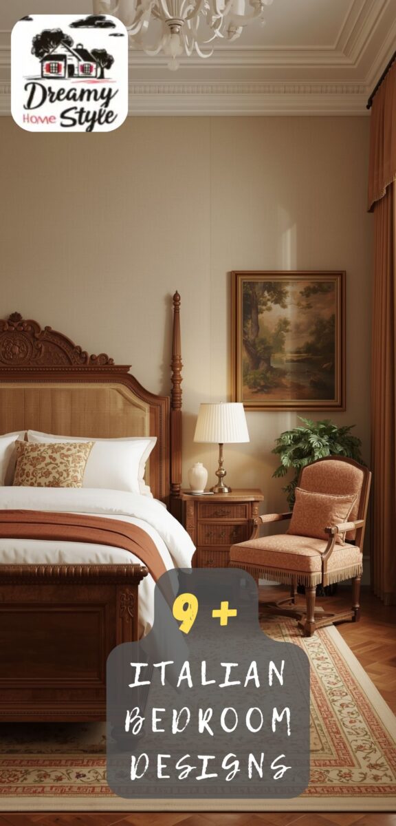 Classic Italian bedroom with ornate carved wooden bed, upholstered armchair, chandelier, and warm earth-tone decor