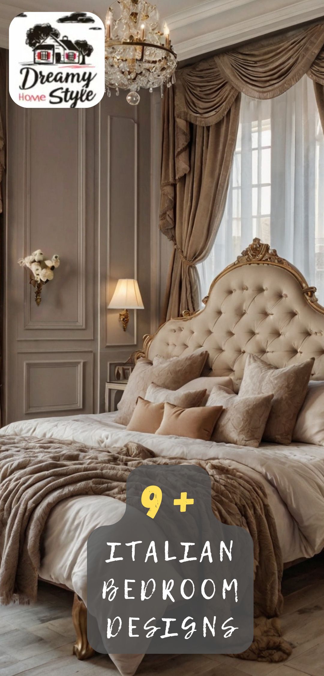 Luxurious Italian bedroom with tufted cream headboard, gold accents, velvet drapes, and crystal chandelier