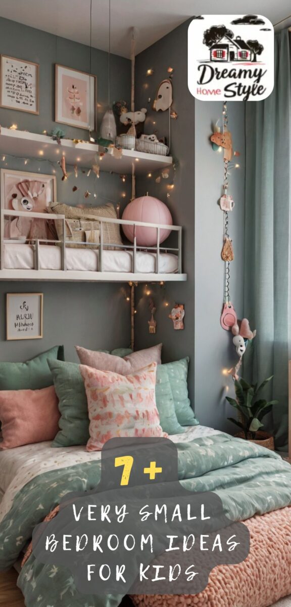 Small kids bedroom with sage green walls, floating white shelves, fairy lights, and pastel pink and mint green bedding