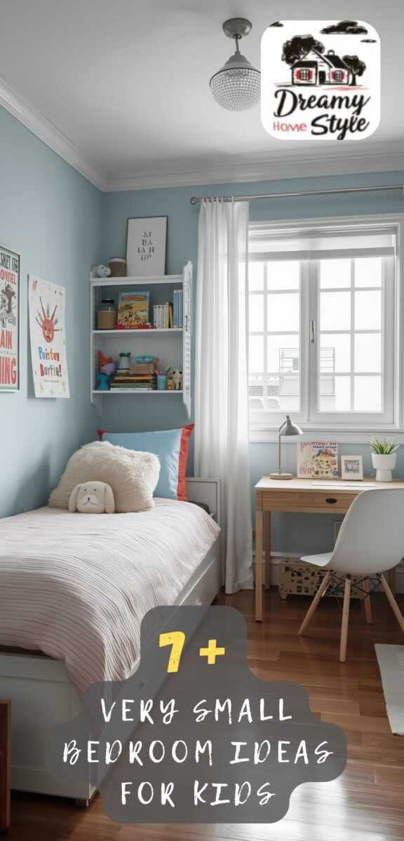 Small kids bedroom with light blue walls, single bed, wall shelves, wooden desk, and white chair by bright window