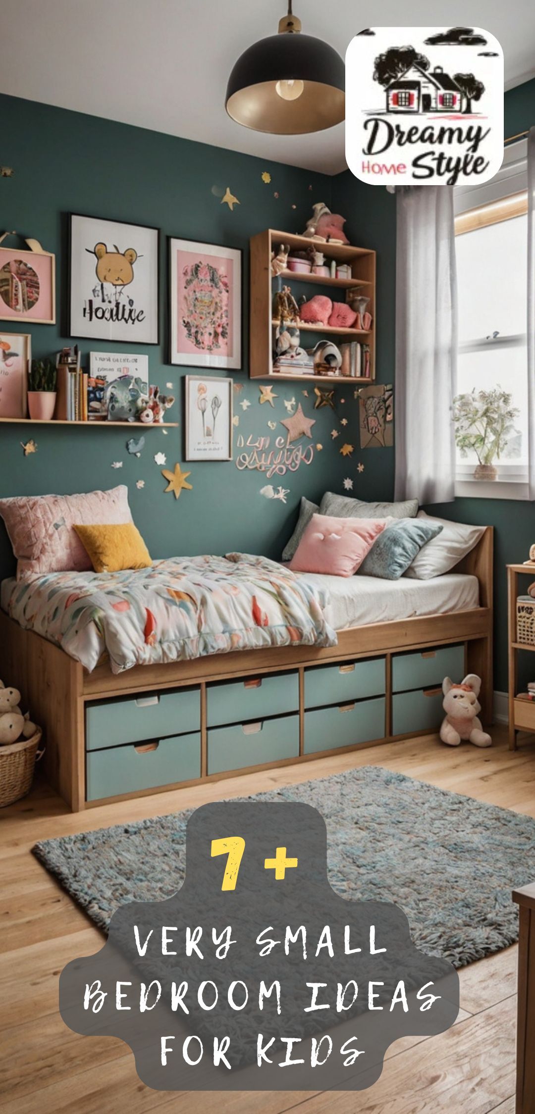 Small kids bedroom with teal walls, under-bed storage drawers, wall shelves, colorful pillows, and star decals