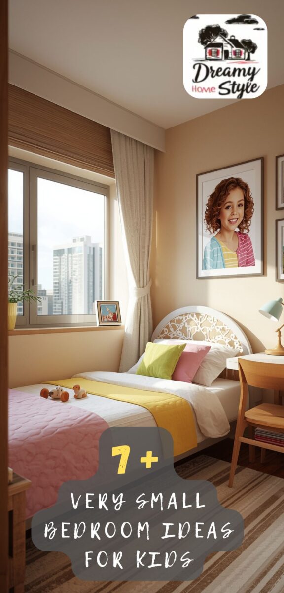 Small kids bedroom with white ornate headboard, colorful pillows, study desk, and city view window in warm beige tones