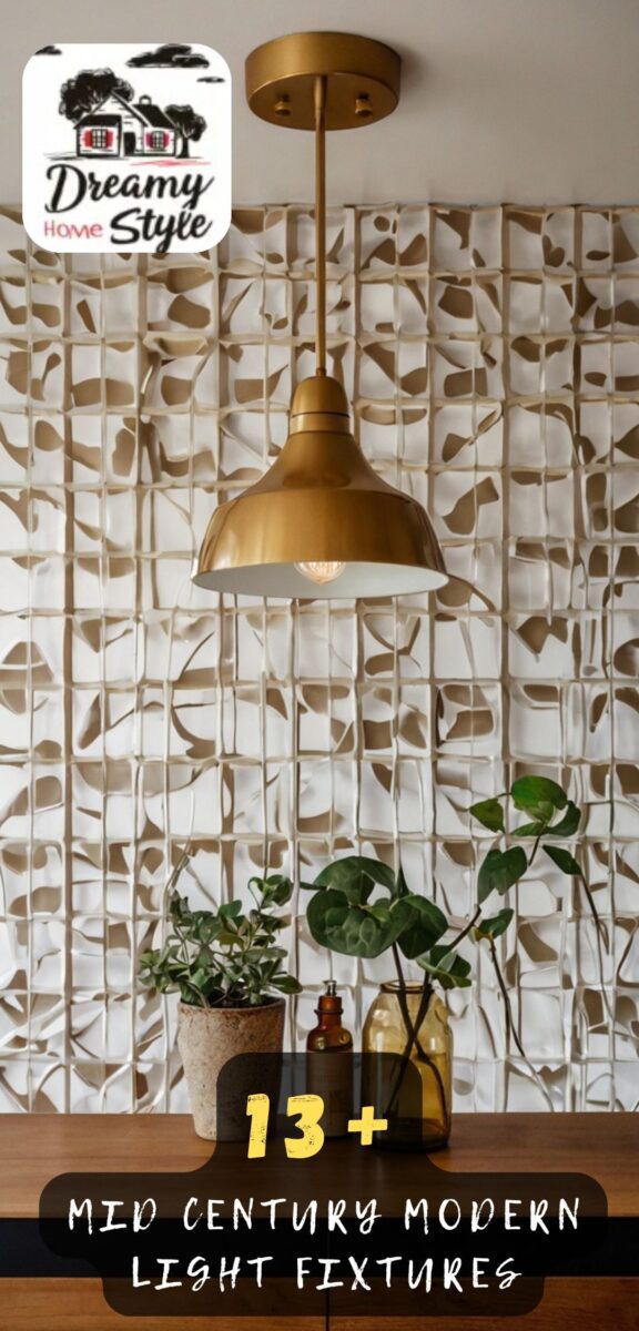 Gold brass mid-century modern pendant light hanging over wooden table with plants and textured wall backdrop