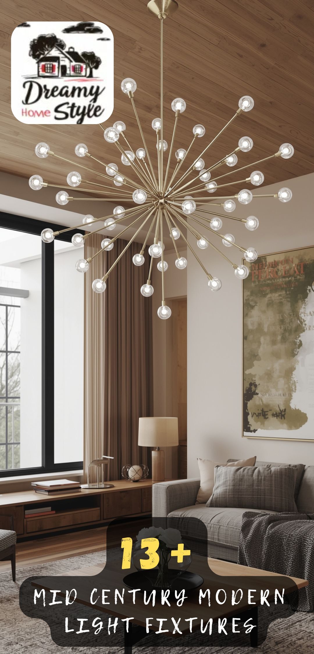 Gold Sputnik chandelier with 40+ globe bulbs hanging in mid-century modern living room with wood ceiling