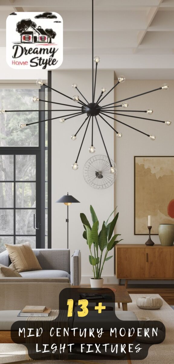 Mid-century modern living room featuring a black sputnik chandelier with multiple exposed bulbs hanging from ceiling