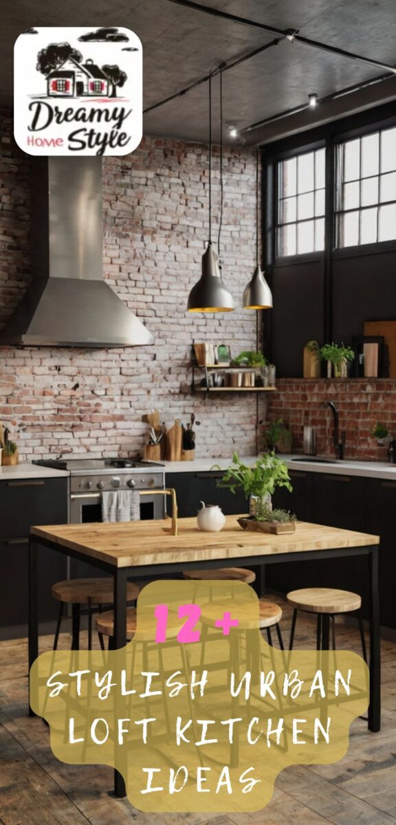 Industrial urban loft kitchen with exposed brick walls, dark cabinets, wooden island, and metal pendant lights