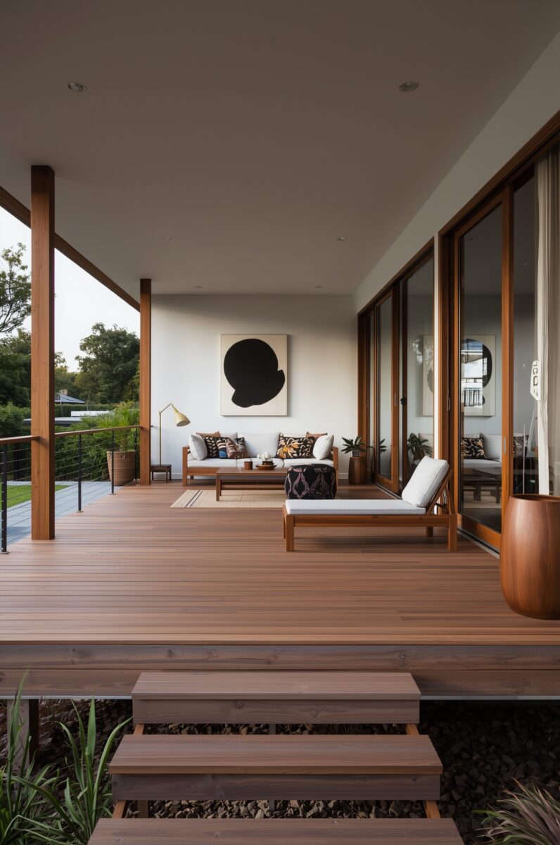 Modern covered timber deck with outdoor lounge furniture, abstract wall art, and large sliding glass doors