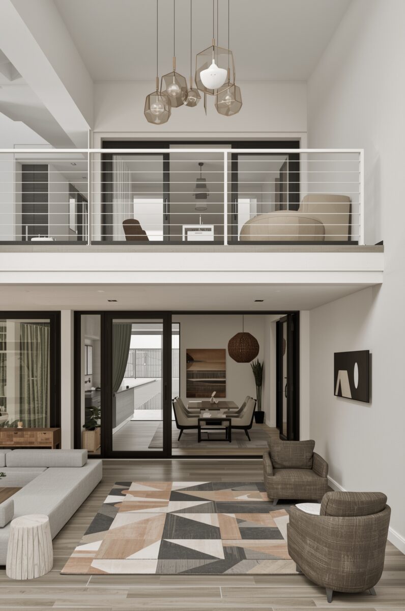 Modern two-story open-plan living room with mezzanine balcony, geometric rug, pendant lights, and neutral tones