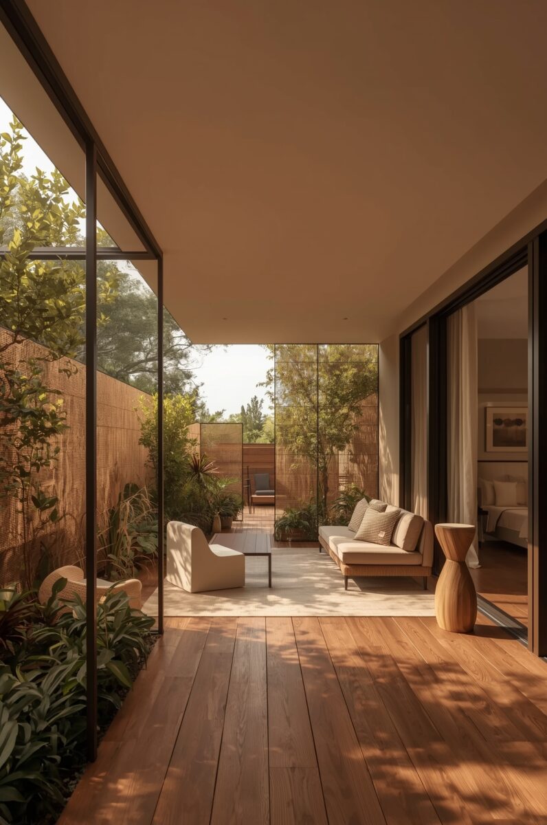 Modern indoor-outdoor terrace with warm wood decking, glass walls, lush greenery, and minimalist neutral-toned seating area